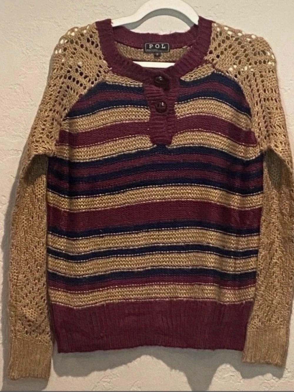 POL Striped Sweater - Burgundy, Navy & Tan Size SM NWOT